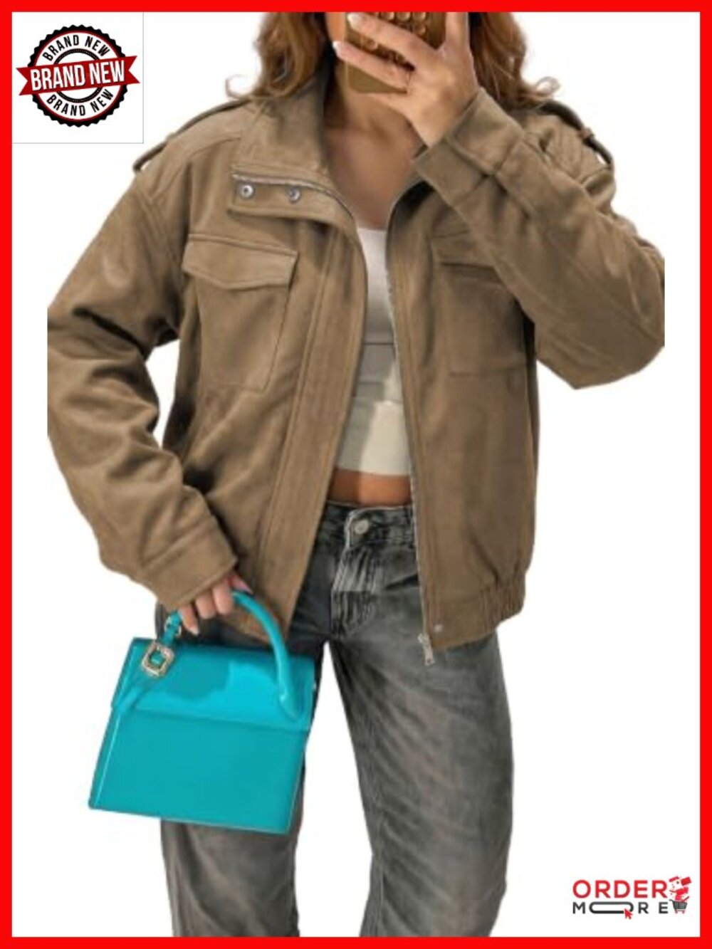 Faux Suede Bomber Jacket Cropped Long Sleeve Casual Fall Coat